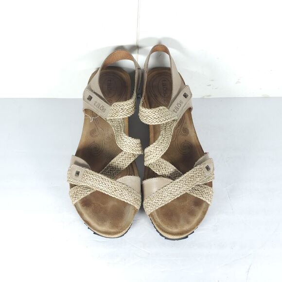 Taos Women’s Julia US9-9,5 Beige Leather Woven Cork Wedge Strappy Sandals - Picture 4 of 16